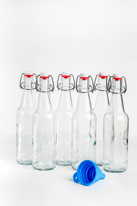 Flip Top Glass Bottles - Pack of Six 6 with Rubber Funnel
